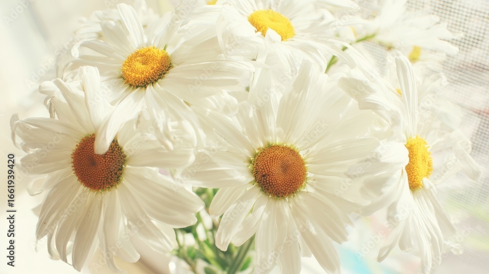 Fototapeta premium A close-up of fresh white daisies with yellow centers, bathed in bright natural light,
