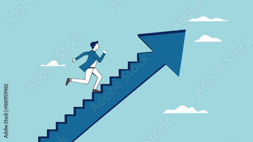 business growth with career path development, investment earning rising up as a path to career success, Improvement or career growth, businessman climbing stairs on rising arrow graph
  