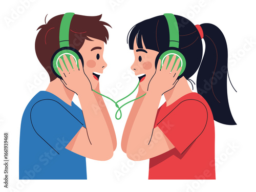 Melody's Embrace: Two individuals with headphones share a musical experience, their faces alight with the joy of sound and shared connection.