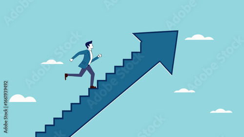 business growth with career path development, investment earning rising up as a path to career success, Improvement or career growth, businessman climbing stairs on rising arrow graph
  