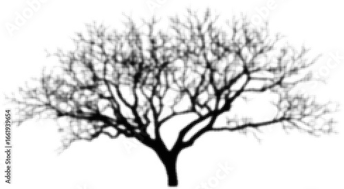 Silhouette of a tree with bare branches and textured dot pattern effect. Vector illustration