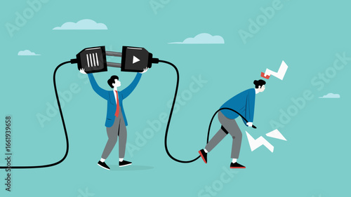 recharge energy or restore enthusiasm for work, refreshing from overwork or tiring activities, businessman connects electrical plug to power source to recharge low battery exhausted businessman worker