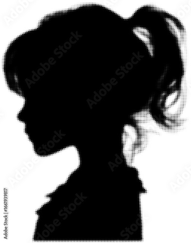 Silhouette of a girl with ponytail in black and white illustration. Vector illustration