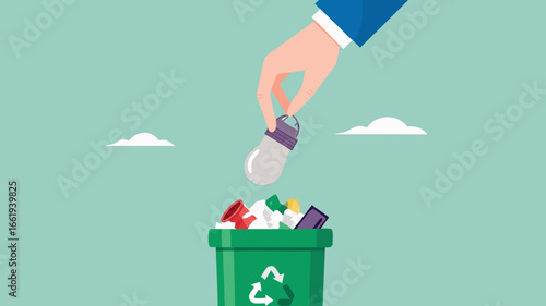 throw away old business ideas, Businessman's hand throws broken light bulb idea into trash can concept vector illustration with flat design style
