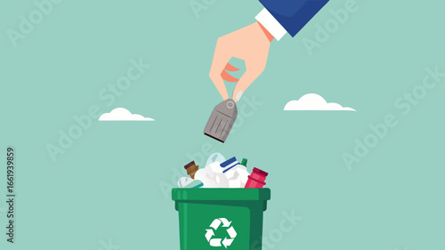 throw away old business ideas, Businessman's hand throws broken light bulb idea into trash can concept vector illustration with flat design style
