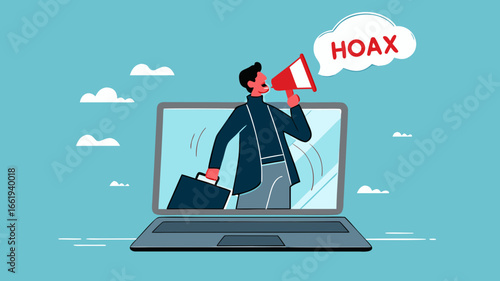 businessman using megaphone conveying fake news or hoax on computer laptop, hoax or fake news illustration, misleading information from social media that creates misunderstandings
