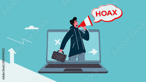 businessman using megaphone conveying fake news or hoax on computer laptop, hoax or fake news illustration, misleading information from social media that creates misunderstandings

