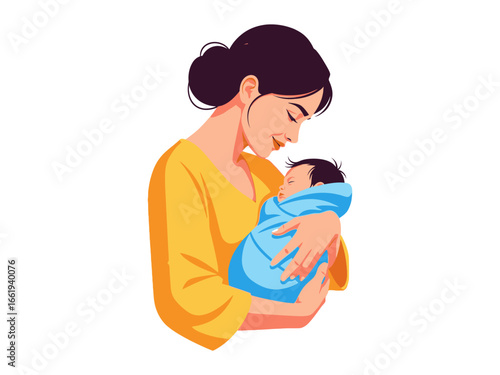 Mother and Child: A mother tenderly cradles her newborn baby, wrapped in a soft blanket, with gentle sunlight illuminating their intimate moment, depicting the epitome of motherhood and familial love.