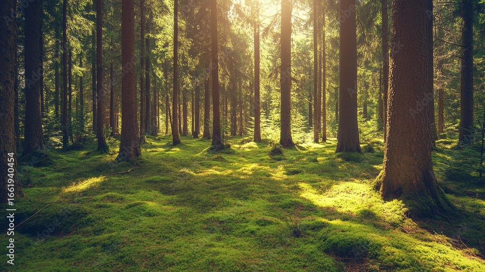Obraz premium Coniferous forest utilized for forestry under the gentle morning sunlight