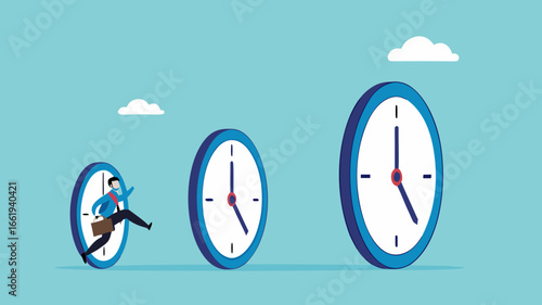 time management skills, successful time management as inspiration for the next time management, increasing expertise over time, businessman jumps through the small clock to the big one
