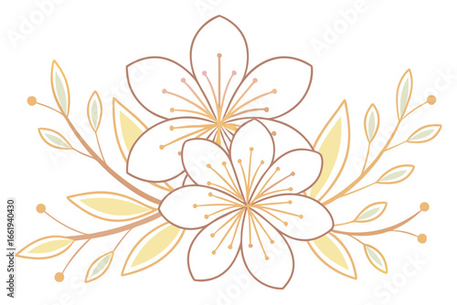 Delicate floral arrangement with white and yellow blossoms and branches flower leaf