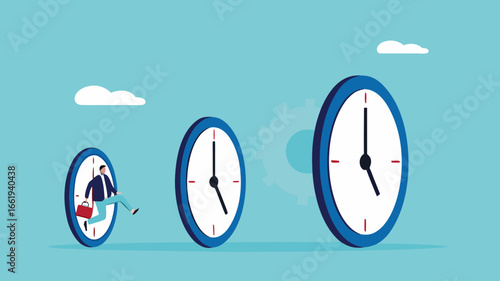 time management skills, successful time management as inspiration for the next time management, increasing expertise over time, businessman jumps through the small clock to the big one
