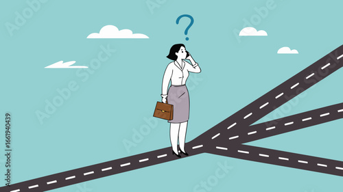 confused businesswoman in determining career path, make a career path decision, choosing concept, confused businesswoman standing at a crossroads determining the direction of her career path
