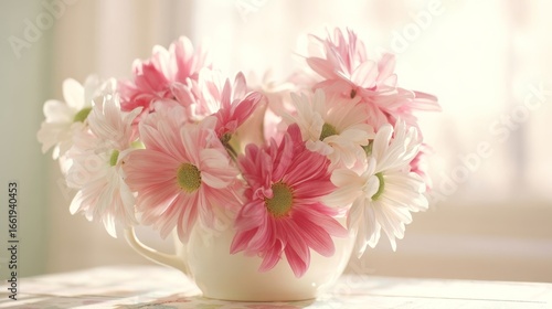 Wallpaper Mural A serene arrangement of pink and white gerbera daisies in a small white teapot, Torontodigital.ca