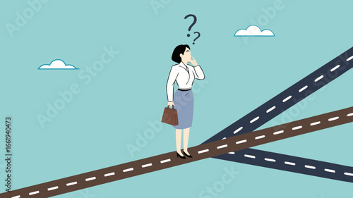 confused businesswoman in determining career path, make a career path decision, choosing concept, confused businesswoman standing at a crossroads determining the direction of her career path
