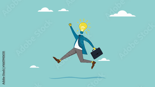 get new business idea or opportunity, intelligence or wisdom to drive career success, creativity or brilliant idea for business success, smart businessman jump with light bulb idea head illustration
