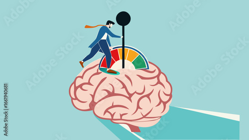 active your brain, smart thinking or emotional intelligence, smart businessman turn on switch on his own brain to high performance mode with flat design vector illustration
