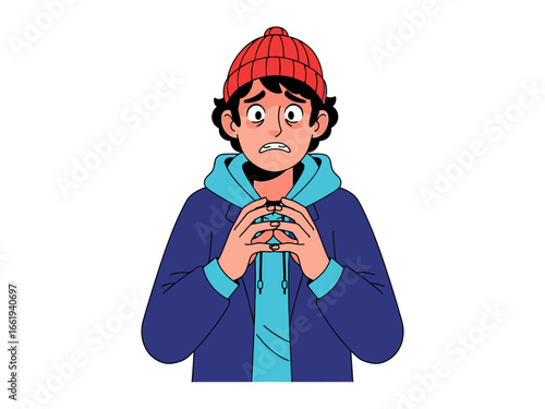 Anxious Young Man in Red Hat: Illustration of a young man with a worried expression, wearing a red hat. conveying the intense emotions, fear, and the impact of feeling overwhelmed.