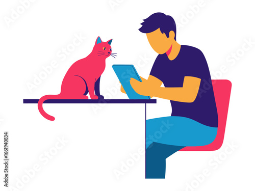 Digital Devotion: A contemporary illustration captures a person engrossed in a tablet, his feline companion observing him with keen interest.