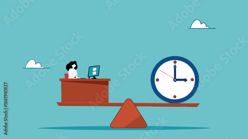 work life balance, flexible working hours, time management for work, businesswoman working on desk with seesaw and clock balance concept vector illustration
