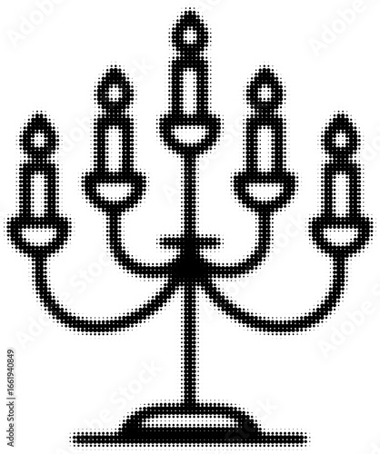 Black and white pixel art of a five-arm candelabra design. Vector illustration