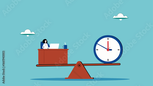 work life balance, flexible working hours, time management for work, businesswoman working on desk with seesaw and clock balance concept vector illustration
