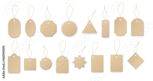 Realistic vector price tag. Cardboard label, paper sale tags mockup blank labels template shopping gift empty stickers with ropes tags vector