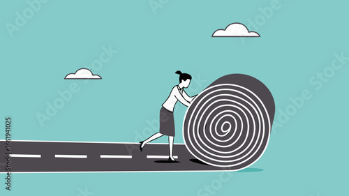 create a new career path for business success, start new opportunity to achieve target or goals, businesswoman making a road from asphalt carpet concept illustration
