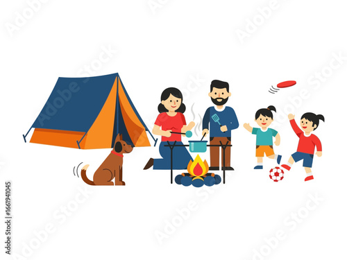 Family Camping Adventure: A joyful family enjoys a vibrant camping adventure, with a cozy tent, crackling campfire, and playful moments under the sun. They are together with pet in happiness.