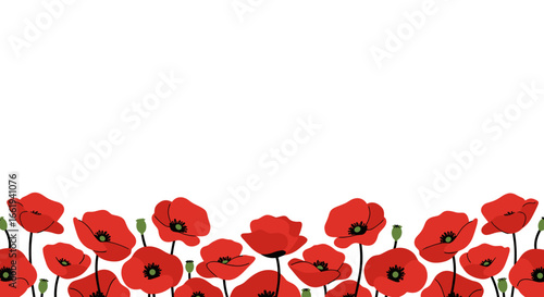 Red poppy flowers in a decorative border design on transparent background  
