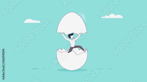 beginners businesswoman, beginner in starting a new business, newbie business woman comes out of a hatched egg concept vector illustration
