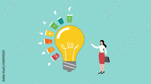 energy efficiency, energy saving level on a home or industrial scale, woman presents lightbulb with energy efficient rating class to save cost green energy
