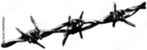 Black and white image of barbed wire in close-up with a pixelated effect. Vector illustration