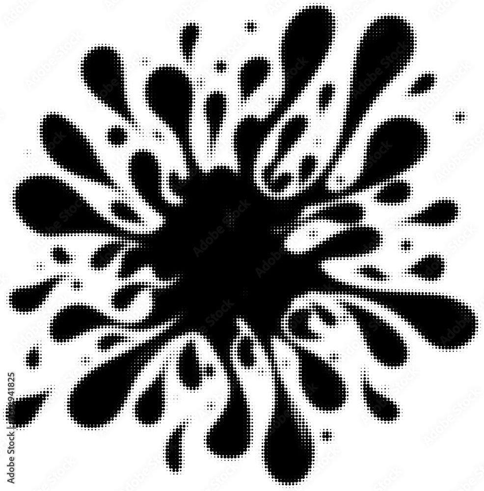 Fototapeta premium Abstract black ink splatter pattern with halftone effect and dynamic shapes. Vector illustration
