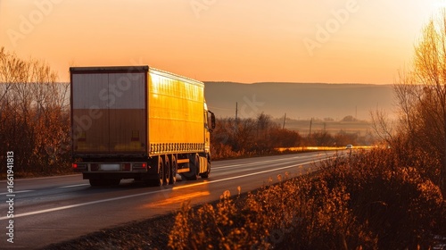 A semi truck with enclosed cargo trailer travels on a highway during sunrise or sunset, bathed in warm orange glow,