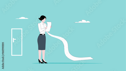 payment bill, income tax or expense on long invoice receipt paper, confused woman with long bill paper concept vector illustration
