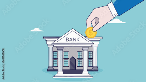 deposit money in a bank vector illustration, object financial investment, cash deposit to the bank, profit in crease concept, businessman hand putting golden coin into bank building concept design
