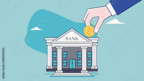 deposit money in a bank vector illustration, object financial investment, cash deposit to the bank, profit in crease concept, businessman hand putting golden coin into bank building concept design
