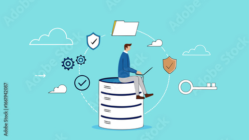 database system, cloud computing technology or file document archive, database administration concept, data network management, security or search, man work with laptop on database server
