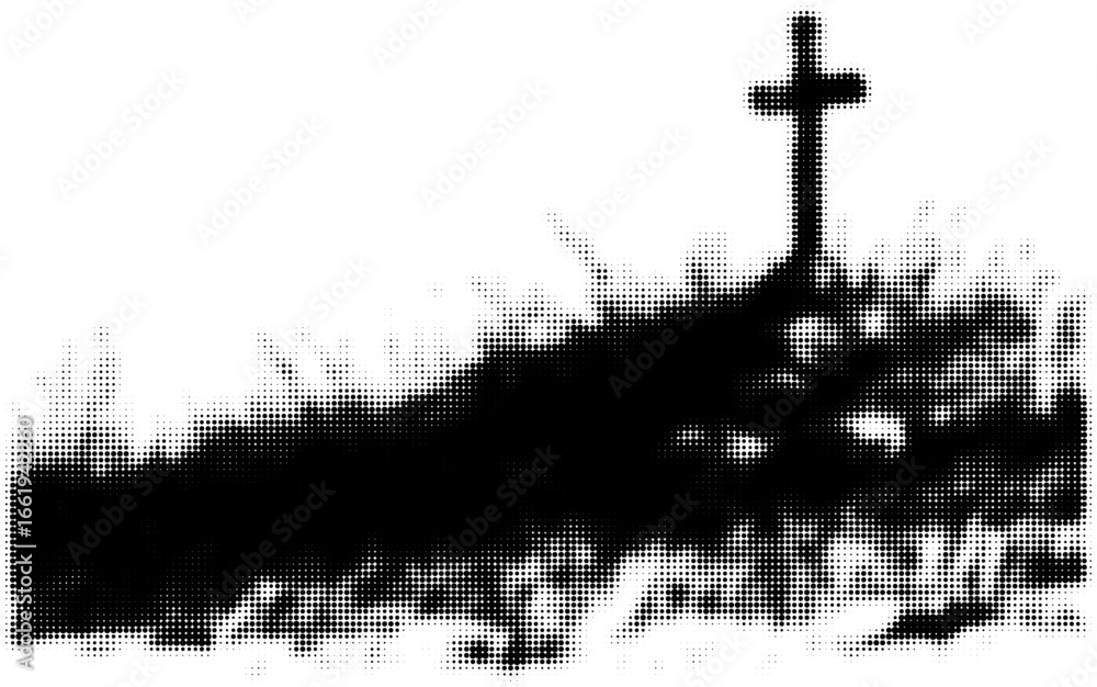Silhouette of a hill with a cross atop surrounded by abstract dots in black and white. Vector illustration Silhouette of a hill with a cross atop surrounded by abstract dots in black and white. Vector illustration