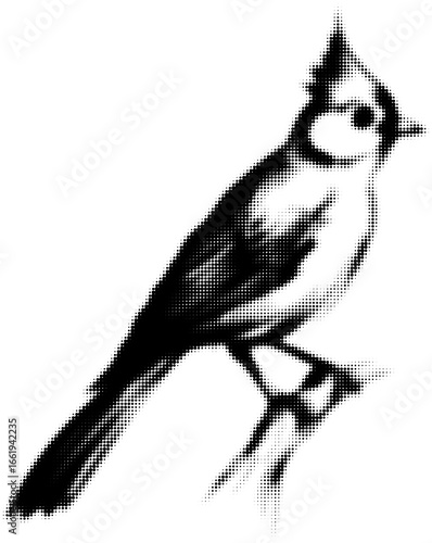 Monochrome halftone image of a bird perched on a branch. Vector illustration