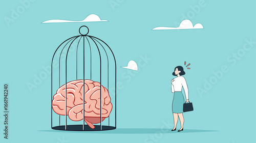 thinking traps, Negative Thought Patterns That Keep You Stuck, Stressed and Anxious, social issue, confused woman with a brain trapped in a cage illustration
