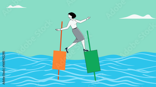try new opportunities in business investment, navigating stock market volatility, make a decision to buy shares, profitable business, woman investor moves to buoy from growing investment bar chart
