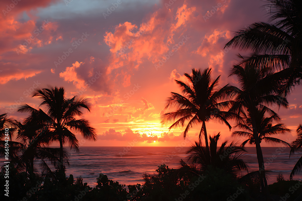 Obraz premium Breathtaking fiery sunset casting vibrant orange hues across the sky and ocean, silhouetting palm trees for a tranquil tropical paradise escape, perfect for vacation vibes