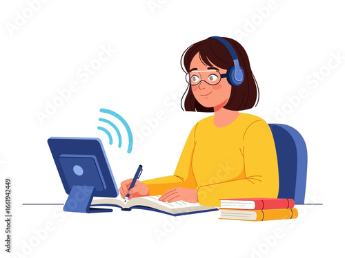 Online Learning: A cheerful individual, engrossed in studying at their desk with a book and a digital device, wearing headphones and enjoying an interactive learning experience. 