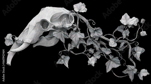 Elephant skull entwined with ivy leaves on black background