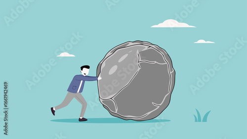 Businessman pushing huge stone illustration, effort to achieve business goals or target, Obstacles and challenge at work, business heavy tasks and problems concept vector illustration
