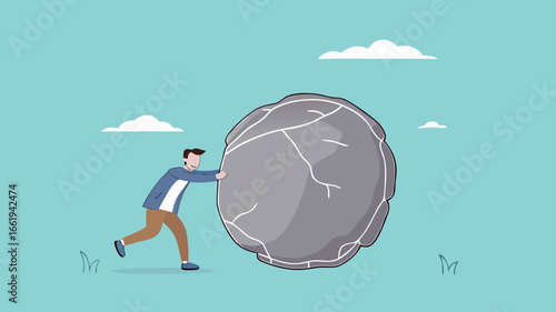 Businessman pushing huge stone illustration, effort to achieve business goals or target, Obstacles and challenge at work, business heavy tasks and problems concept vector illustration
