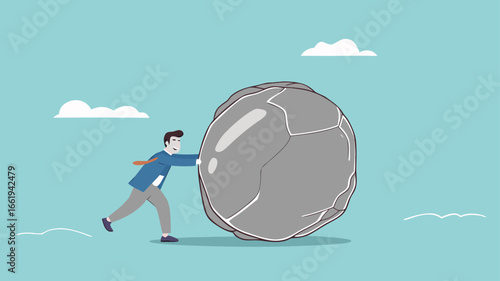 Businessman pushing huge stone illustration, effort to achieve business goals or target, Obstacles and challenge at work, business heavy tasks and problems concept vector illustration
