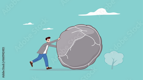 Businessman pushing huge stone illustration, effort to achieve business goals or target, Obstacles and challenge at work, business heavy tasks and problems concept vector illustration
